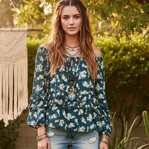 Denim & Supply Ralph Lauren Floral Tie Neck Peasant Blouse‎ Top XL Blue Boho